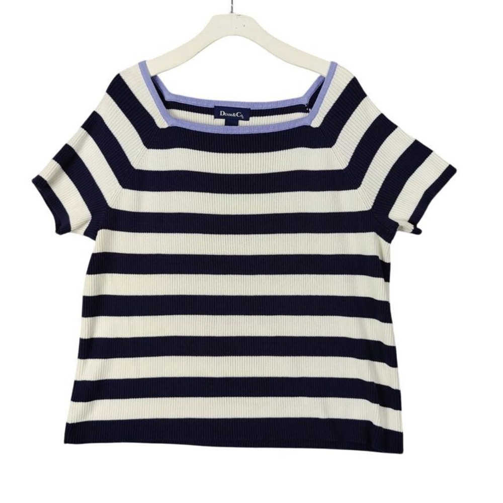 Denim & Co Women Preppy Nautical Navy Stripe Ribbed Knit Sweater 2X Short Sleeve